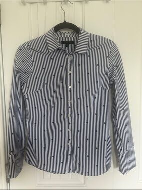 Banana Republic Blue & White Striped Button-Down Shirt with Embroidered Motif